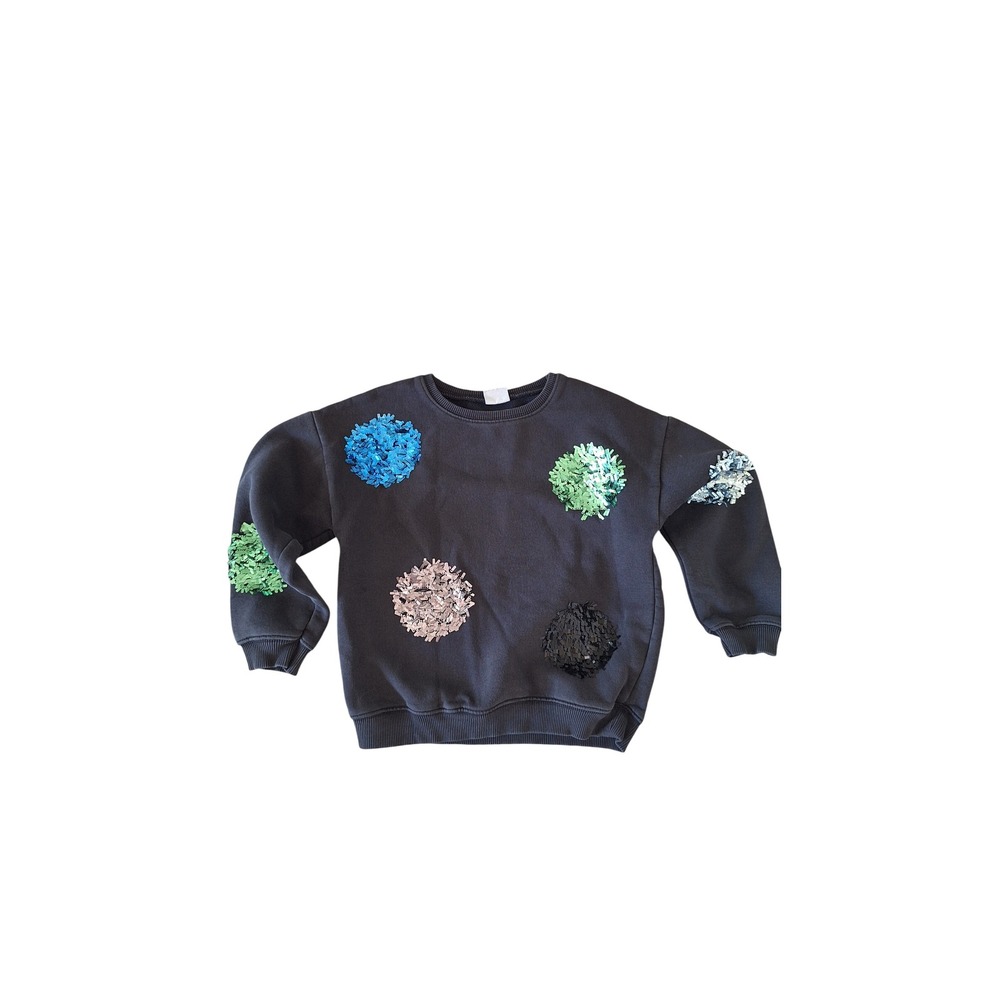 Zara Kids Girls Size 8 Faded Black Sequin‎ Pom Pom Pullover Sweatshirt 128cm
